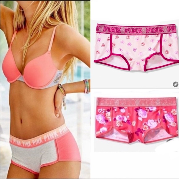 2 Victoria’s Secret PINK Boyshort bundle cotton Pink panties sparkle floral - Picture 1 of 3